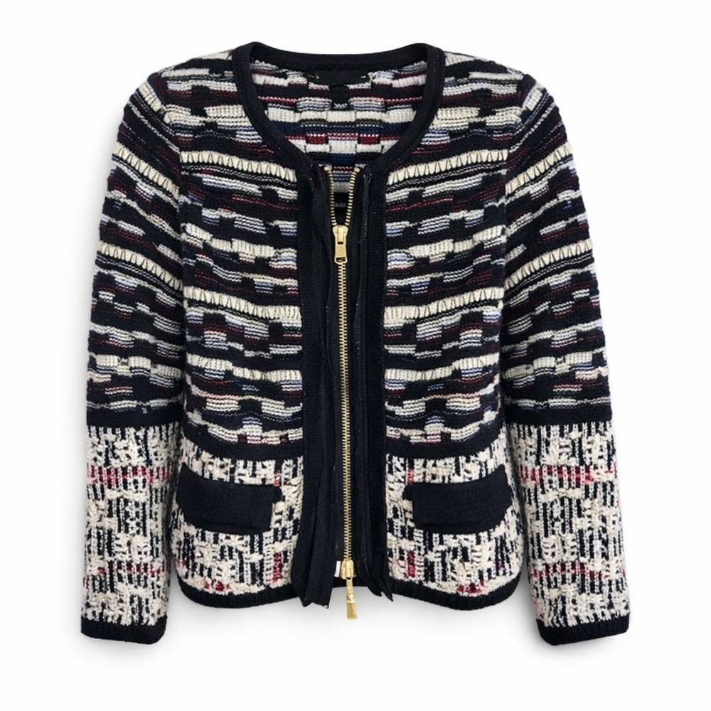 Escada Bouclé Ribbon Knit Jacket Virgin Wool Made in Italy Gold Zip Size S